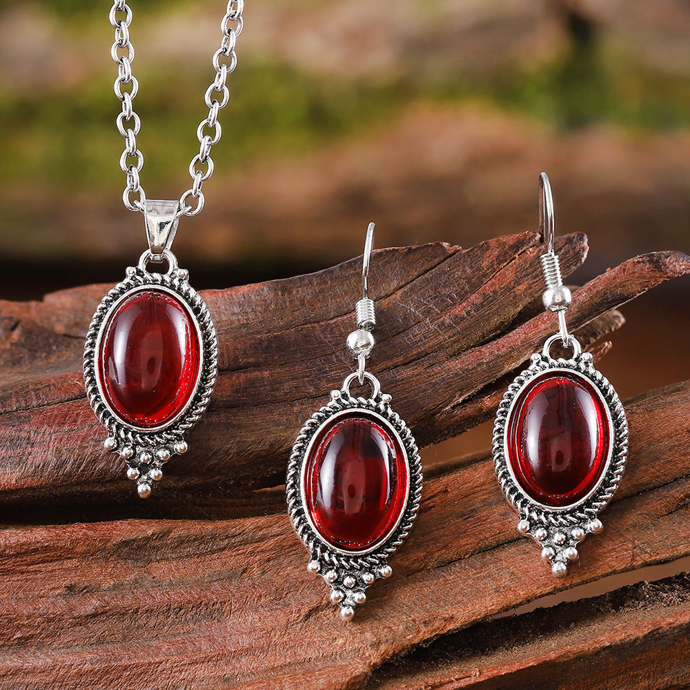 Wholesale Ruby Oval Alloy Pendant Fashion Earrings Jewelry suit